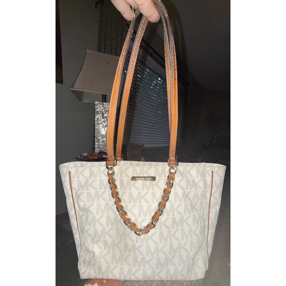 Michael Kors Harper Vanilla Gold Chain Tote Hand Shoulder Bag Purse Leather Trim